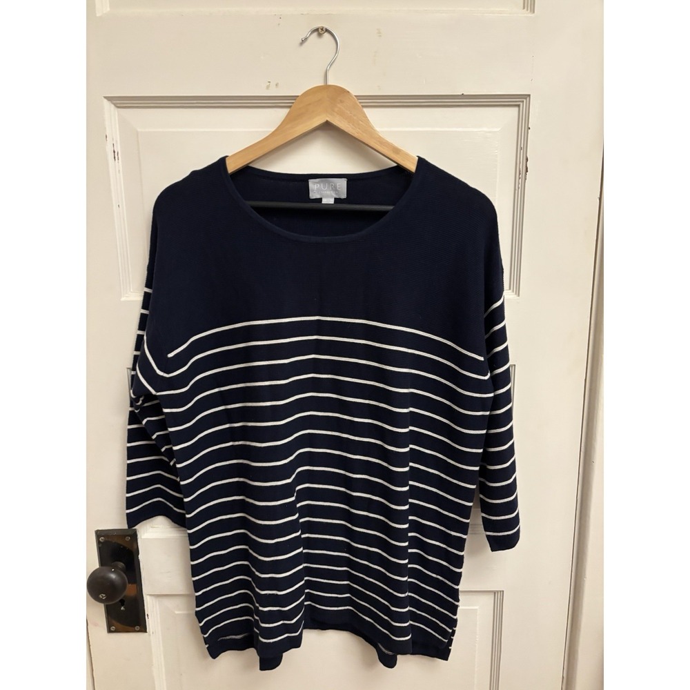 Pure Collection Women's Navy White Striped 100% Cotton Knit Sweater Size‎ 14/16
